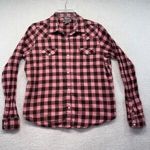 Wrangler Women's XL Pink Brown Buffalo Plaid Western Snap Button Shirt‎ Flannel